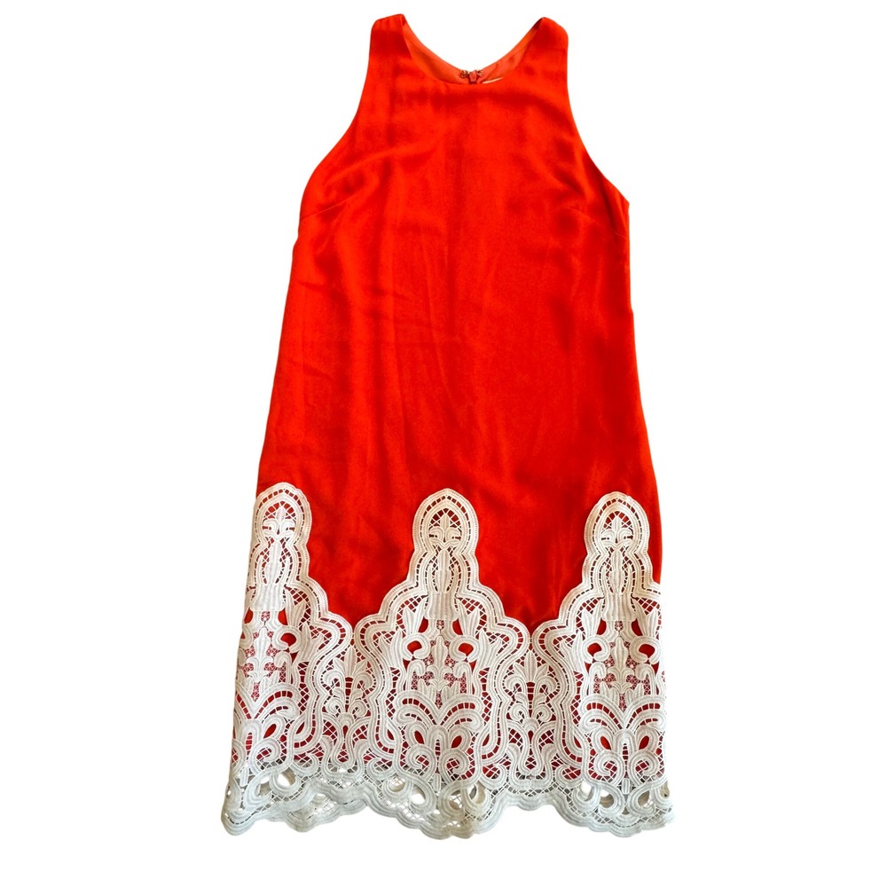 Cremieux Alex Dress Womens XS Cherry Red White Lace Hem Sleeveless High Neck NEW